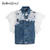 Twotwinstyle patchwork spets denim kappa för kvinnor lapel ärmlös streetwear casual västar kvinnlig sommar mode kläder 210517