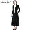 Kvinnors Svart Velvet Coat Höst Winter Maxi Trench Coats Single-Button Ytterkläder Notched Långärmad Windbreakers 210416