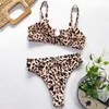 Swimwear damski 2021 Leopard Bikini Split High Waist Swimsuit Metalowy Pierścieni Kostium Kostium Dla Kobiety Sexy Kąpiel