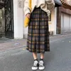 Brown Yellow Plaid Elastic Waist Pleat Ruched Winter Autumn A Line Empire Midi Skirt Casual Mori Girl S0120 210514