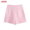 Tangada Women Chic Fashion Pink Tweed Shorts Gonne Vintage Vita alta Cerniera posteriore Gonna femminile Mujer BE756 210609