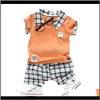 Baby Kids Maternità Drop Delivery 2021 Neonato Vestiti Camicia di moda Camicie finte in due pezzi Pantaloni scozzesi bianchi neri Set di abbigliamento per ragazzi Bna6G