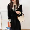 Spring Sweet Lace Stand Collar Single-Breasted Velvet Dress Elastic Waist Black Women's Clothing 210520