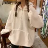 Jielur Kuzu Kaşmir Kış Kadın Hoodies Kazak Moda Sıcak Cepler Fermuar Kapüşonlu Kayısı Gri Pembe Kazak M-XL 220311