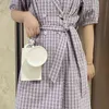 Japan stil puff ärm vintage klänning temperament spets upp plaid klänningar kvinnor sommar lila mini vestidos mujer 210514