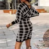 Femmes Sexy Dos Nu Pull Robe Automne Rétro Plaid Imprimer Criss Cross Tricot Robe De Soirée D'hiver Double Col En V Mince Mini Robe G1214