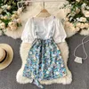 Sommarkvinnor 2 stycken Set Koreansk Fashion Short Puff Sleeve Broderi Lace Shirt och Floral Print Mini Dress Suits Chic 210603