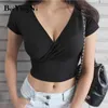 女性のための深いVネックTシャツのためのセクシーなカジュアルなスキニートリミングトップス女性ヴィンテージ半袖基本的な女性ティーシャツ210506