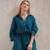Hiloc Casual Sleepwear Pijama de Algodão para Mulheres Conjuntos Terno Collar Colar Nove Quarter Sleeve Tops Shorts Homewear 211112