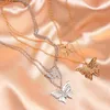 Bylia Jewel Fashion Multilayer Hollow Butterfly Pendant Necklace Gold Silver Color Fine Long Chain For Women Jewelry Chains