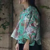Johnature Women Chinese Style Shirts Ramie Högkvalitativa toppar Stativ Sju Ärm Blouses Spring Button Print Mural Shirts 210521