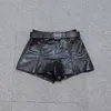 Fashion Women Punk Black Sheepskin Genuine Leather Wide Leg Short Trousers Belted Slim Fit Casual Motor Biker Female Shorts Women's