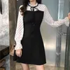 White Black Heart Chiffon Patchwork Bow Ruffle Long Sleeve Stand Collar A Line Dress Elegant Mini Female D1167 210514