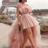 Pink 2023 High Blush Low Party Dresses with Sash Strapless Tulle Puffy Tiered Custom Made Plus Size Tail Prom Dress