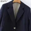 Zevity Women Fashion Once Button Navy Blue Fitting Blazer Coame Office Business Femme Overwear Chic Tops CT687 210603