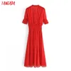 Summer Women Red Ruffles Shirt Strethy Waist Short Sleeve Ladies Long Dress Vestidos 3H247 210416