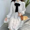 Noir blanc col claudine noeud lanterne manches courtes Mini robe ample taille élastique doux printemps été D2521 210514