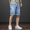 Plus Size Summer Blue Blue Jeans Homens Joelho Algodão Algodão Casual Calças Baggy Masculino Striped Denim Shorts 6xL 7XL 8XL 211108