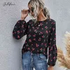 BLouse Women Autumn Spring Casual Black Cherry Print Lantern Sleeve Tops Shirt Fullärmar Fashion New Fall Women Clothing 210415