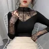 Sexy dentelle couture pull chemise 2021 printemps demi-col roulé femme à manches longues rendu sans doublure mince haut élégant tricots x0721