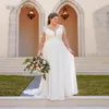 Plus Size A Line Wedding Vestidos V Pescoço Appliques Vestidos de Casamento de Laço Ilusão Manga Comprida Boho Vestido Noiva Vestido Noiva