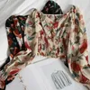 Primavera pliegues cintura elegante blusa corta camisa para mujeres coreano impreso pequeño vintage gasa volantes tops 210420