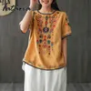 Çiçek Nakış Pamuk Keten T-shirt Kadın Sanat Tarzı Yaz Kısa Kollu Gevşek Vintage Tee Gömlek Kırmızı Femme 3XL Tops 4XL 210514