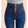 Moda mujer pantalones de mezclilla elástico cintura alta flaco estiramiento jean hembra primavera / otoño jeans pies pantalones mujer más tamaño 211104