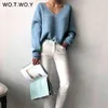 Wotcoy V-Neck Dzianiny Dwuwodne swetry Kobiety Jesień Zima Z Długim Rękawem Podstawowy Sweter Kobiety White Casual Luźne Pulowers Kobiet 210805