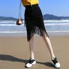 Faldas Mujer Moda Women Stylish Black Denim Midi Skirt Tassels Bottons Fly Design Pockets女性ソリッドシックスカート210412