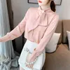 Koreanska Silk Kvinnor Blus Kvinna Satin Toppar Bow Tie s Långärmad T-shirt Top Plus Size Ladies Shirts 210427