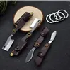 1Pcs Small D2 Steel Keychain Folding Blade Knife Satin Blades Cow Leather Sheath Handle Knives EDC Tools