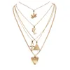 Pendentif Colliers 5 pièces / ensemble punk femme collier feuilles croix coeur portrait triangle multicouche or bohème dame accessoires