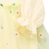 0-24M Girls Princess Triangle Romper Summer Cute Long Bubble Sleeve Doll Collar Daisy Playsuit With Printed Tulle Skirt Hem Jumpsuits