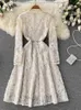Runway Luxury Sequins Lace Embroidered Mesh Dress 2022 Spring Women V-Neck Long Sleeve Flower Embroidery Office Party Midi Dress Y220228