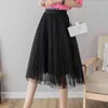 Kobiety Elegancka Koronkowa Siatka Plisowane Spódnice Elastyczne Wysokie Talia Chic Solid Color Casual Midi Jupe Femme 210508