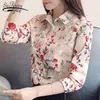 Blouses Femme Coréen Floral Print Chemisier en mousseline de soie Femmes Chemises à manches longues Turn Down Collier Bureau Dames Tops 5368 50 210508