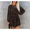 Automne imprimé léopard volants noir à manches longues robe femmes o-cou hiver a-ligne robe Vintage en mousseline de soie robe courte Vestidos 210416
