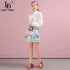 summer Women Set Runway Fashion Designer Long Sleeve Gorgeous Ruffles Blouses+Printed Mini Skirt Lady Suits 210522