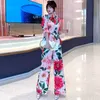 Catwalk Fashion Summer Two Piece Outfit Women Elegant Ruffled Collar Floral Print Top and Wide Leg Pants Suit Party Set 210601