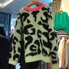 Leopard tryckt tröja Kvinnors vår V-nacke LOSE långärmad mode stickade pullover toppar 5B224 210427
