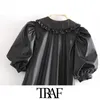 TRAF Dames Chique Mode Met Gepareerd Faux Lederen Mini Jurk Vintage Puff Sleeve Button-Up Vrouwelijke Jurken Vestidos 210415