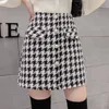 Autumn High-Waist Houndstooth Woolen Skirt Women's Short Single Breasted Mujer Faldas 210520