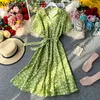 Korean Floral Summer Short Sleeve Dresses Turn Down Collar Sashes Slim Waist Women Dress Elegant Vestido 210422