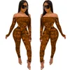 Two Piece Dress 2021 Summer Women Sexy Beach Style Sets Long Sleeve Card Shoulder Jumpsuits Ealstic Pants Printed