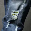 Männer Hip Hop Ripped Distressed Stretch Slim Fit Jeans Hosen Streetwear Mann Löcher Tinte gedruckt Casual Bettler Denim Hosen 211009