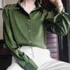 Bahar Vintage Kadın Saten Bluz Uzun Kollu Yeşil Kırmızı İpek Ofis Bayan Gömlek Tops 210415
