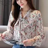Outono manga comprida blusas mulheres vintgae floral impressão chiffon camisas soltas moda arco blusas mujer de moda tops 10549 210506