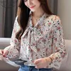 秋の長袖ブラウス女性Vintgae花柄プリントシフォンシャツルーズファッションボウBlusas Mujer de Moda Tops 10549 210506