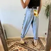 Trend Sunflowers Printed Light Blue Jeans fit women young Girls soft denim long pant patchwork Harem hight waist jeans 210809